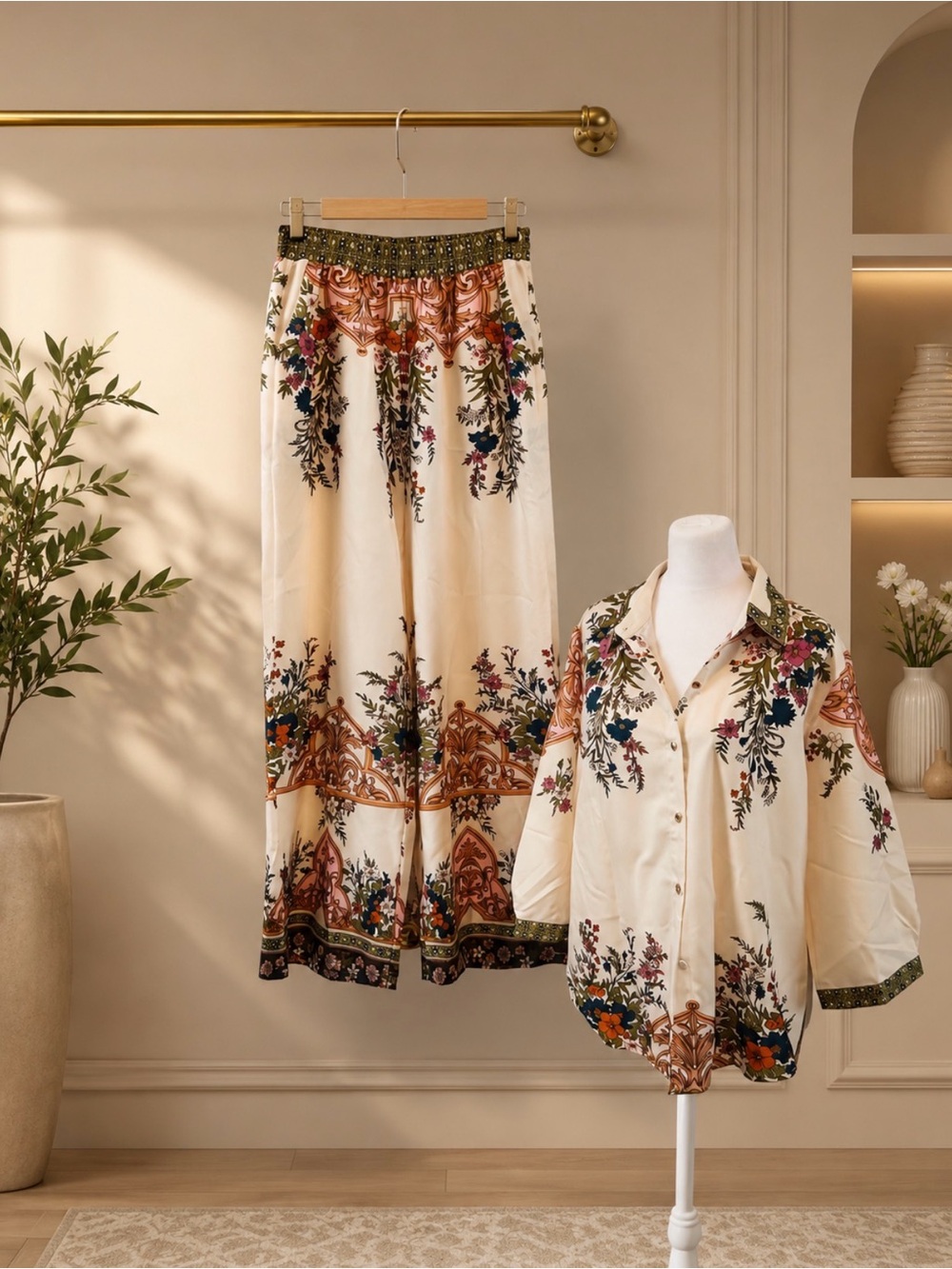 Set of 2 Blouse and Cream Floral Border Straight-Leg Pants with Elastic Waist